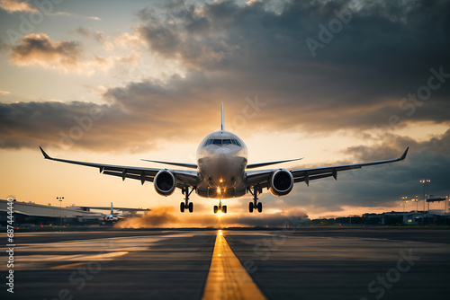 A plane takes off from the airport. Evening sky in the background