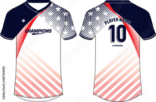 Sports t-shirt jersey design flat sketch illustration, USA Football jersey concept with front and back view for Soccer, Cricket, Volleyball, Rugby, tennis, badminton america uniform kit