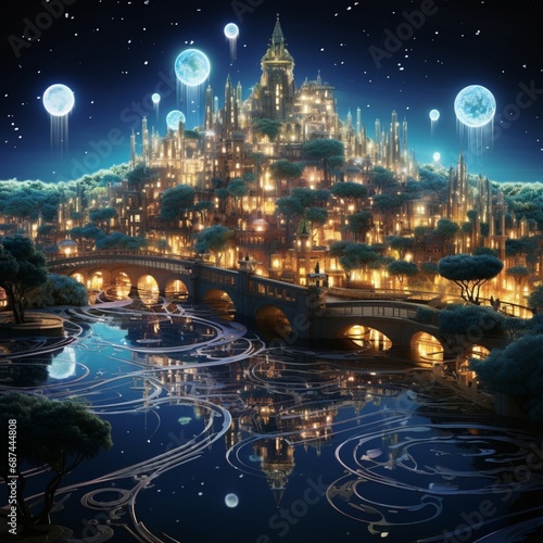 A surreal city skyline of floating islands, adorned with intricate patterns of illuminated circuits.