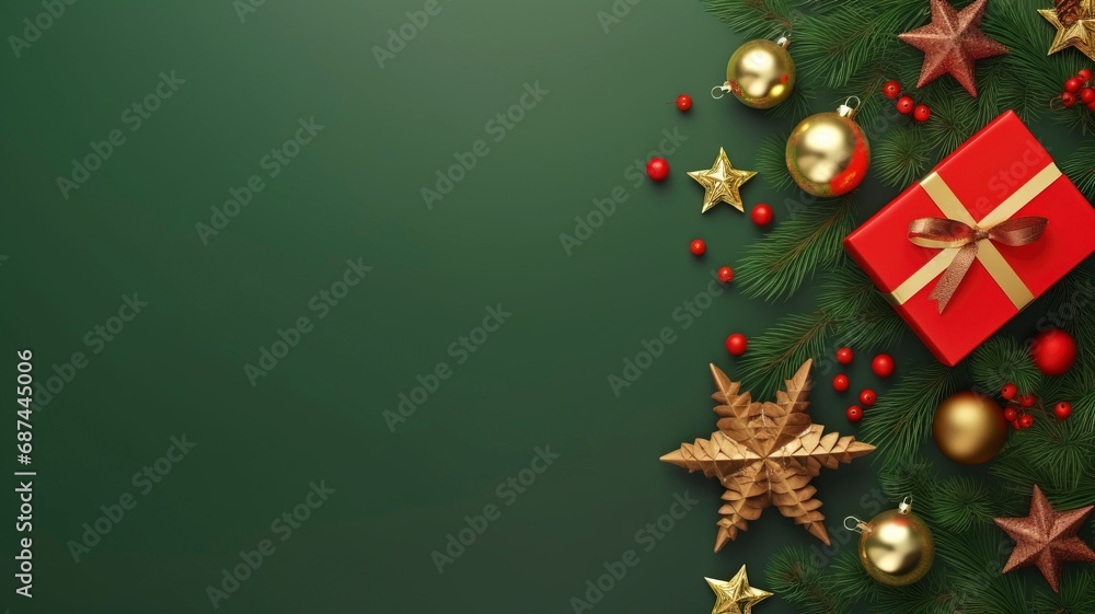 Christmas Day concept. Top view photo of big present box green red baubles gold star ornament pine cone mistletoe berries snow and fir branches made by generative ai Christmas Day concept. Top view photo of big present box green red baubles gold star ornament pine cone mistletoe berries snow and fir branches made by generative ai