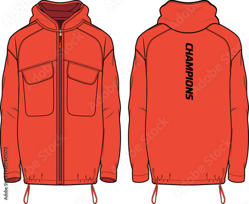 Trail running Windcheater Hoodie jacket design flat sketch Illustration, Hooded windbreaker jacket with front and back view, winter jacket for Men and women. for hiker, outerwear in winter