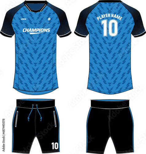 Sports jersey t shirt and shorts kit design flat sketch illustration, Abstract pattern V neck raglan sleeve Football jersey kit concept with front and back view for Soccer, Cricket, Volleyball uniform