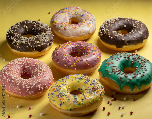 Colorful donuts with yellow background