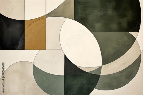 Mid Century Biege, grey, forest green, black and brown Bauhaus oil painting boho wall art HD Circles squares arches rectangles organic shapes abstract art Earth tones