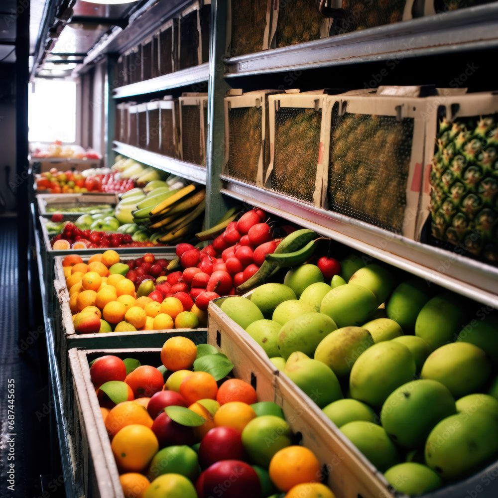 Array of Exotic Fruits in Refrigerated Units on Transport