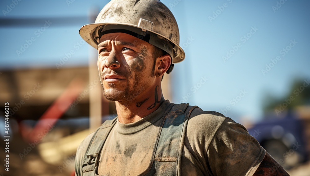 A young construction worker in a hard hat at a construction site. A young construction worker in a hard hat at a construction site.