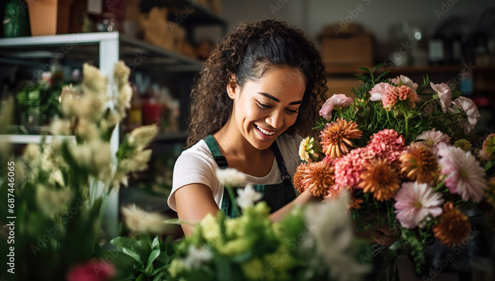 A young Black woman with curly hair smiles while tending to flowers in a flower shop