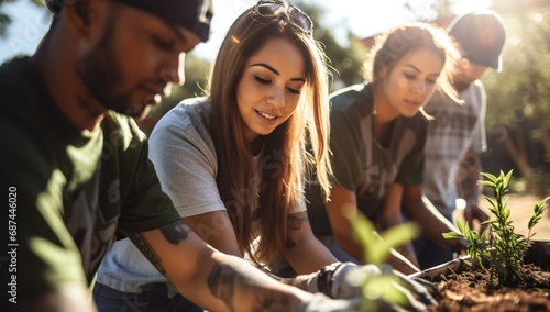 A group of young adults of diverse ethnicities working in a garden, planting vegetation. photo