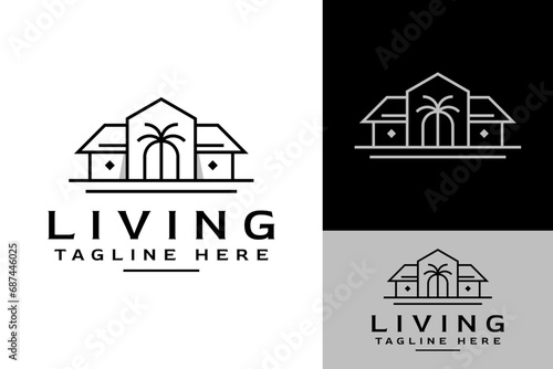 House Home Living with Tropical Palm Tree Beach Real Estate Agency Logo Design Branding Template