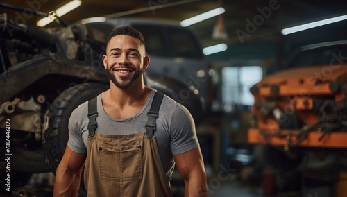 A young African American mechanic smiles at the camera against the backdrop of an auto repair shop.