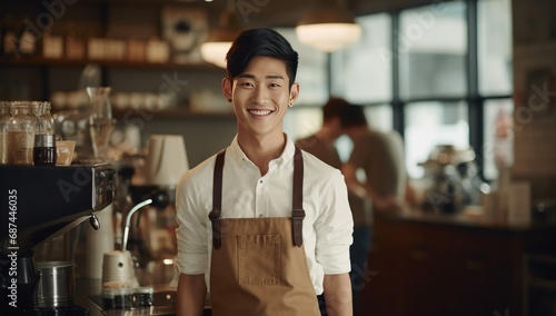 A young Asian man in a white shirt and brown apron smiles in a coffee shop.