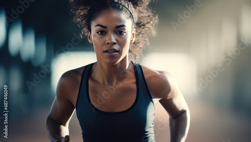 A young Black woman in athletic attire runs with focus, her hair flying back