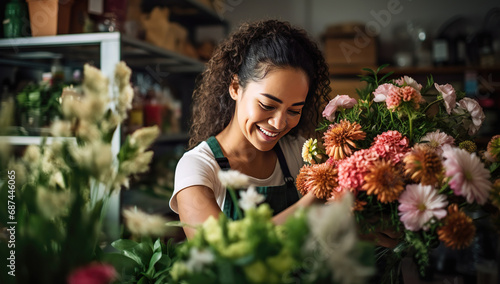 A young Black woman with curly hair smiles while tending to flowers in a flower shop © volga