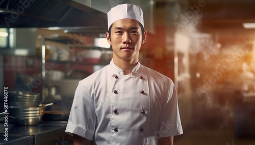 A young Asian chef in a white uniform stands against a backdrop of kitchen steam in a restaurant