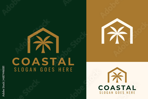 Simple House Home and Palm Tree Beach Coastal Real Estate Agency Logo Design Branding Template