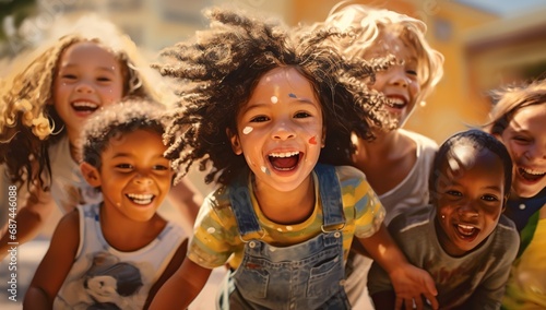 A group of cheerful children of various nationalities playing outdoors photo
