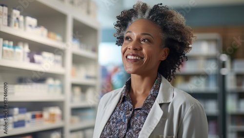 A young black woman with curly hair in a lab coat smiles in a modern pharmacy.