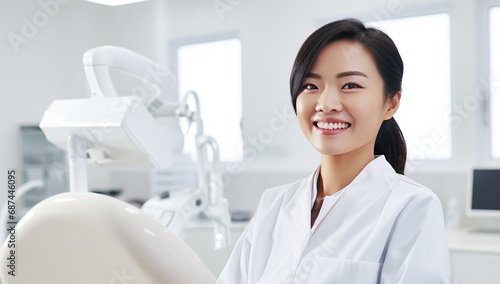 A young Asian woman in a white coat smiles in a dental office.