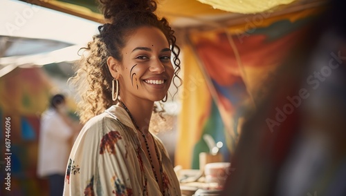 A young woman with curly hair and striking makeup smiles while standing at an outdoor market with colorful canopies.