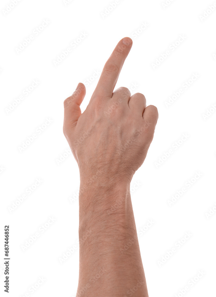 Man pointing with index finger on white background, closeup Man pointing with index finger on white background, closeup