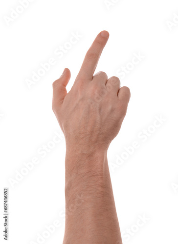 Man pointing with index finger on white background, closeup