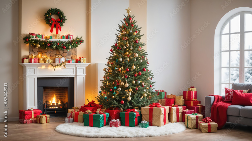 A Festive Living Room with a Christmas Tree and Presents