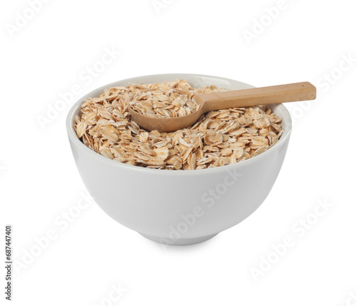 Bowl and spoon with oatmeal isolated on white