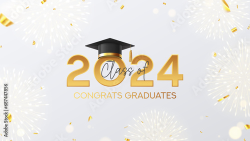 Vector illustration for class of 2024. Golden symbol for Class of 2024 with graduation cap. Greeting of graduates 2024. Congratulation banner with golden confetti and sparkling fireworks.