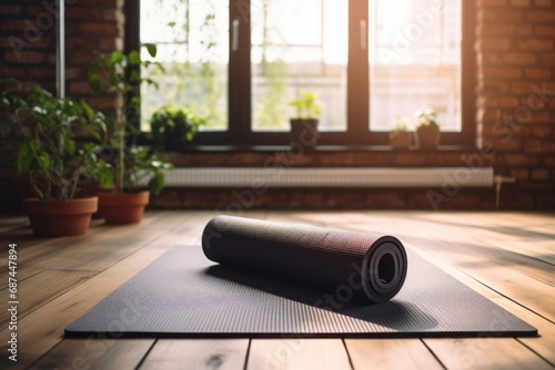 rolled and unrolled yoga mats basks in the warm morning light, inviting a peaceful yoga practice