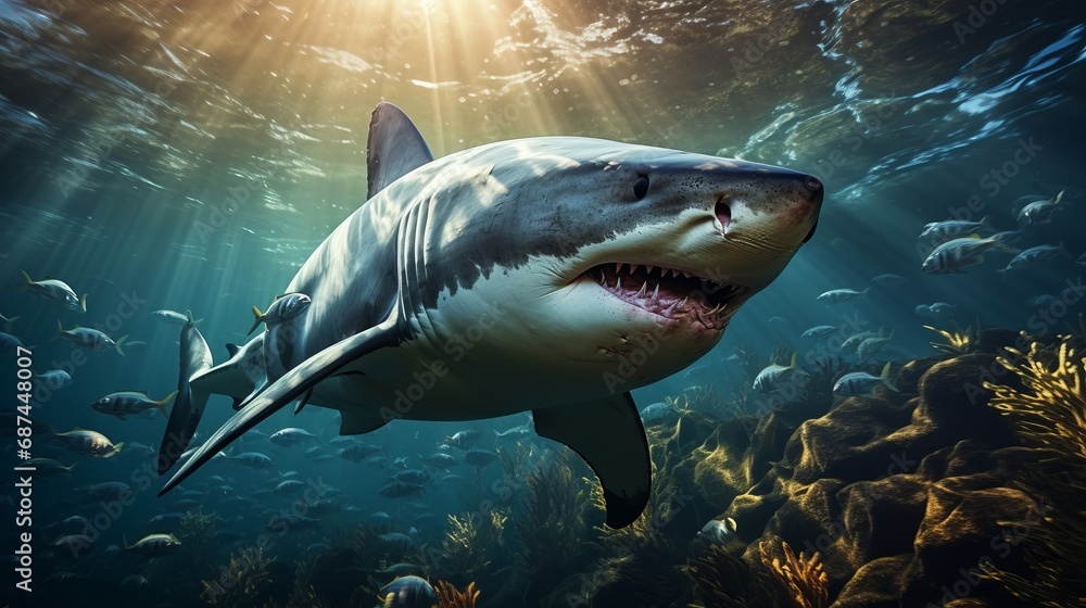 Fototapeta premium A group of dolphins swimming underwater