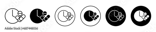 Dose time icon. drug pill or medicament medicine taking time schedule reminder plan symbol set. tablet or medical drug time planning vector line logo