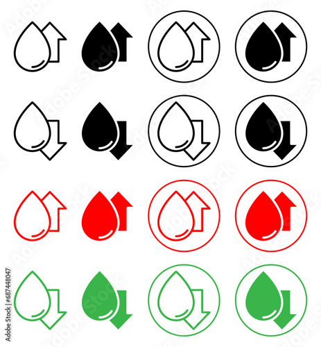 Low and high cholesterol icon. low and high saturated fat or protein and hdl or ldl cholesterol level symbol set. bad cholesterol diet food in blood vector line logo