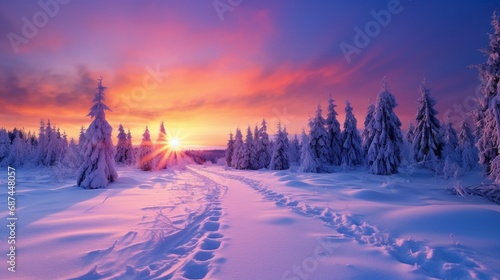 sunrise in mountains in winter session tree covered with snow generated by AI tool © Sundas