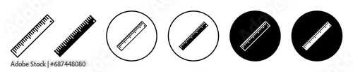Ruler icon. tailor or fashion craftsmanship width and length measuring tool or equipment symbol set.  Math ruler measurement scale in inch, centimeter and meter unit vector line logo
