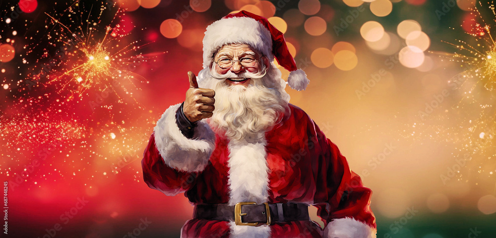 Uśmiechnięty Święty Mikołaj z kciukiem w gorze. Farba akwarelowa. Kolorowe, świąteczne tło, baner z miejscem na tekst. - obrazy, fototapety, plakaty 