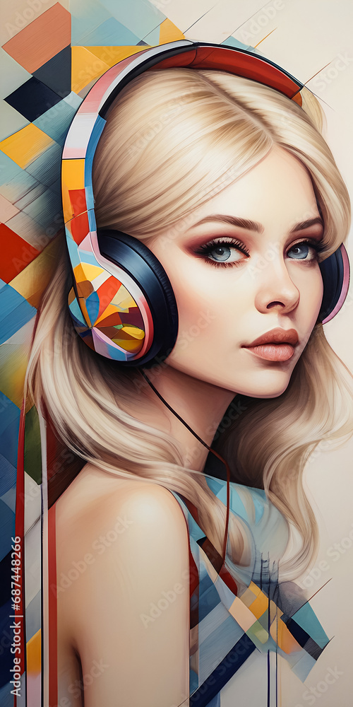 Obraz premium Geometric Woman in Vibrant Colors, with a headphone, Abstract Head with Shapes, Colorful Circles and Triangles Portrait, Modern Artistic Female Portrait, Mosaic of Shapes Woman's Head