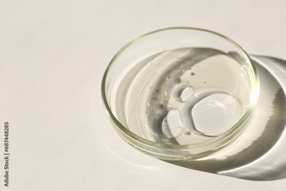 Petri dish with liquid sample on light background, closeup. Space for text Petri dish with liquid sample on light background, closeup. Space for text