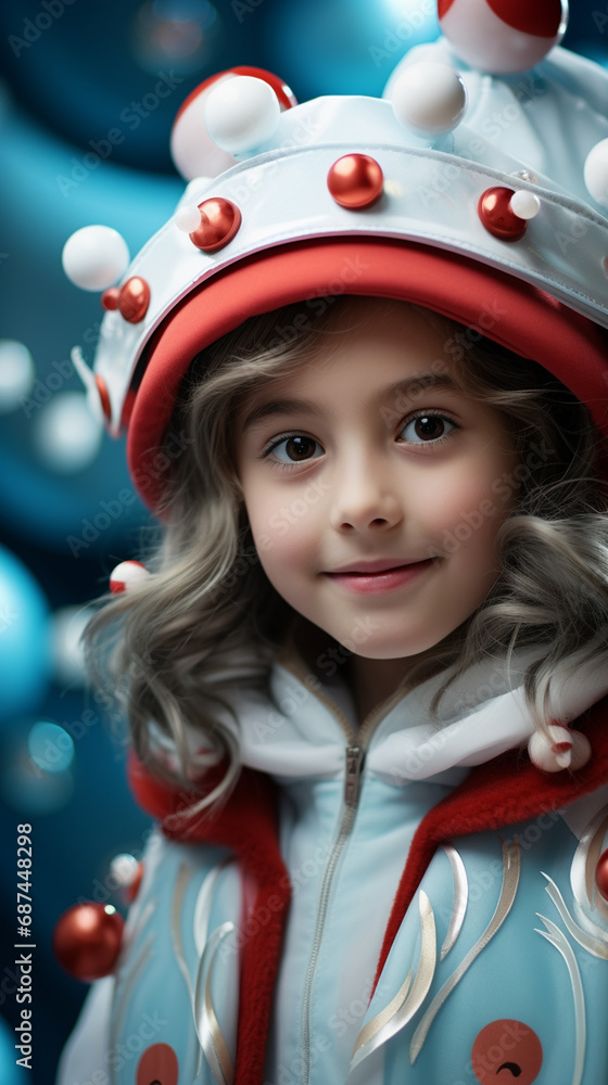 Happy smiling 6 years old girl wearing Santa costume, futuristic planet background, AI Generative Happy smiling 6 years old girl wearing Santa costume, futuristic planet background, AI Generative
