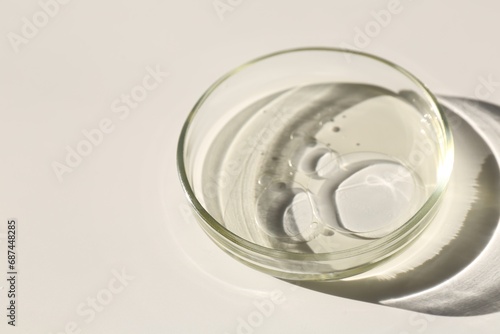 Petri dish with liquid sample on light background, closeup. Space for text