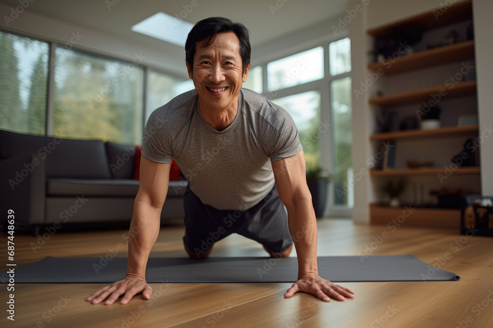 Fototapeta premium middle aged Asian man smiling while doing push ups on a mat in a sunny, modern living room