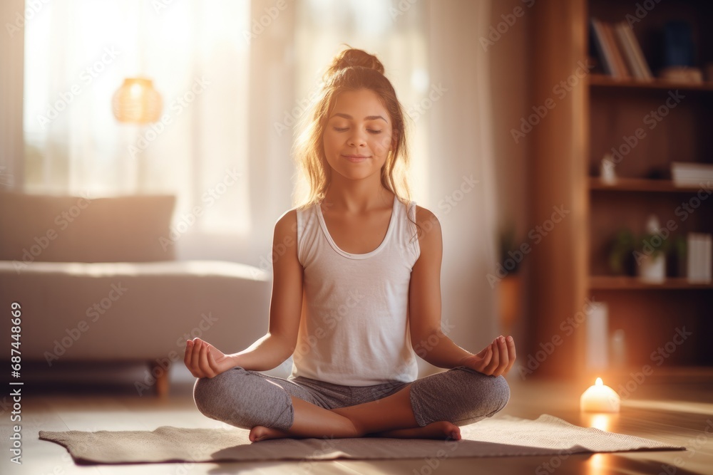 young woman in meditation pose on a yoga mat in a softly lit room young woman in meditation pose on a yoga mat in a softly lit room