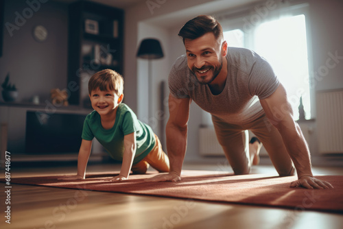 father and son share a playful moment doing push ups together at home