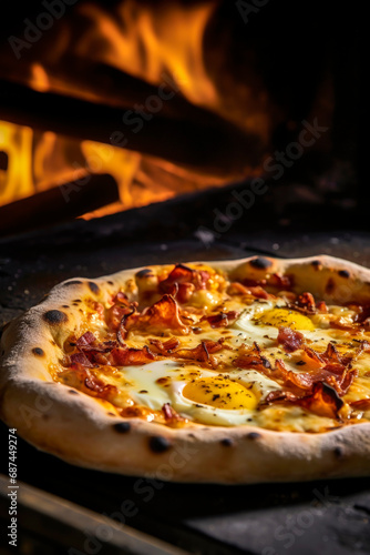 Generative AI illustration of homemade pizza carbonara with egg and bacon.Italian food