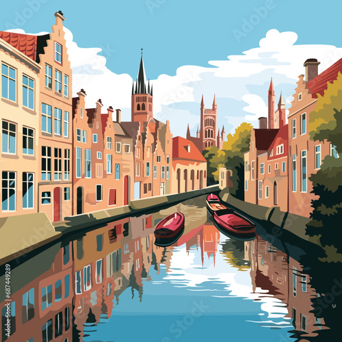 copy space, simple vector illustration, typical view of the canals in Bruges, Belgium. hand drawn, view of the typical canals in the city centre of Bruges, Belgium. Famous touristic spot. Must-see tou
