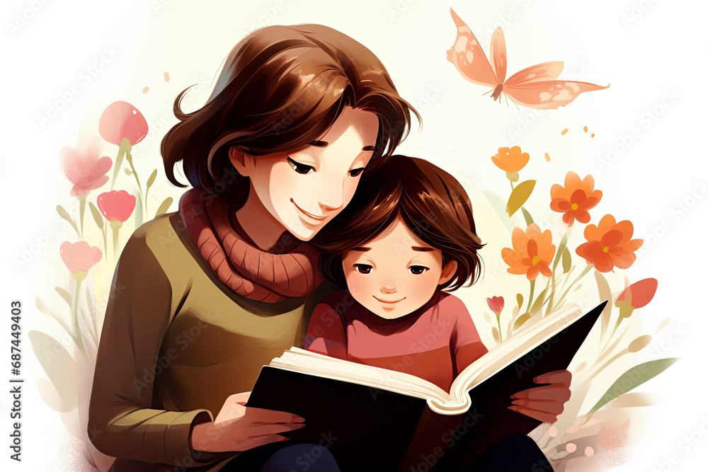 Generative AI illustration of young mother reading a book to her son Generative AI illustration of young mother reading a book to her son