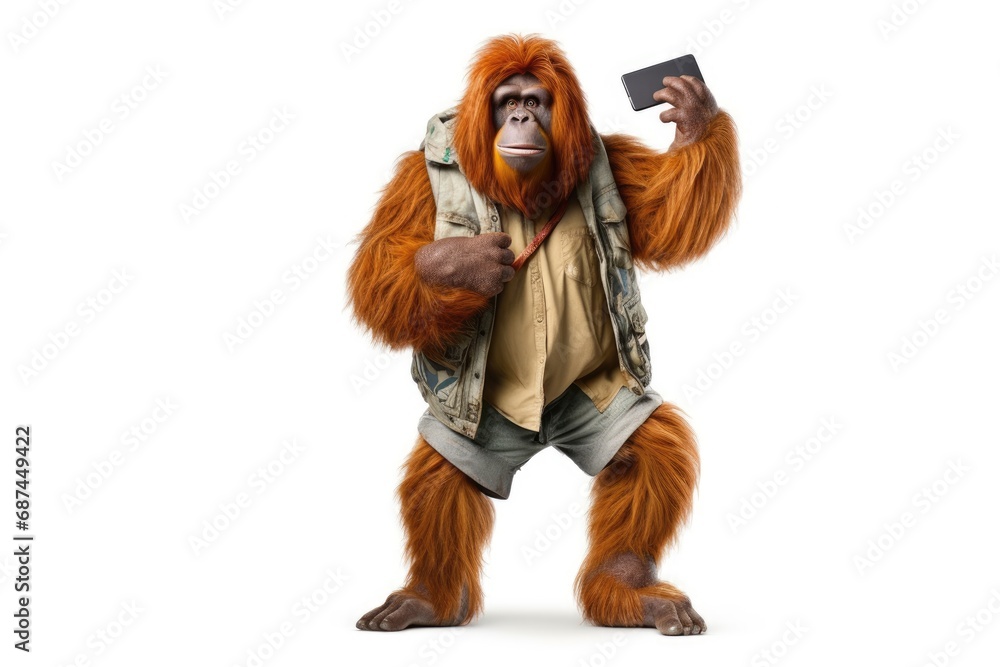 fashion model orangutan holding smartphone and posing on white background. Studio shot for advertisement, cover, print fashion model orangutan holding smartphone and posing on white background. Studio shot for advertisement, cover, print
