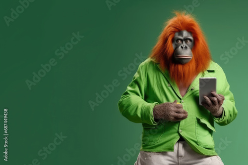 fashion model orangutan holding smartphone and posing on green background. Studio shot for advertisement, cover, print © gankevstock