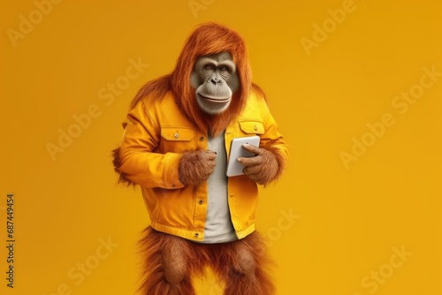 fashion model orangutan holding smartphone and posing on yellow background. Studio shot for advertisement, cover, print