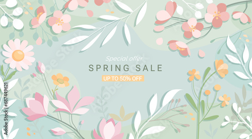 Spring sale banner.Spring flowers on pastel background.Discounts for spring season with blossom flowers,leaves.Clearance template for retail, shops,web, social media,cover with floral elements. Vector