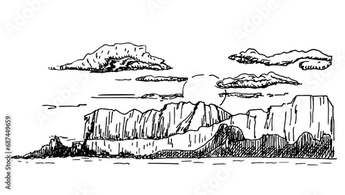 American desert landscape. Desert engraving style sketch. South America. Monument Valley. Arizona. Prairie landscape. Vector.